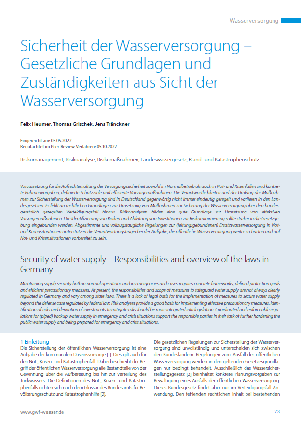 Titel des Peer-Review-Fachbeitrags: Sicherheit in der Wasser versorgung - Gesetzliche Grundlagen und Zuständigkeiten aus Sicht der Wasserversorgung